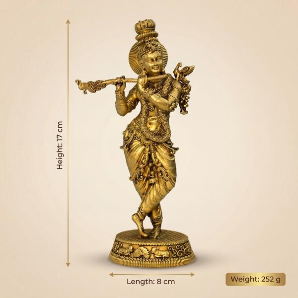 Handcrafted Brass Krishna Murti for Pooja Mandir - Antique Golden Finish Lord Krishna Statue