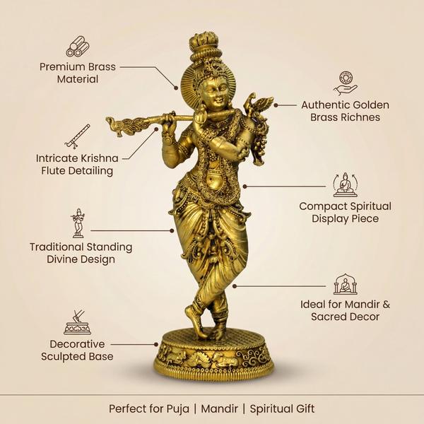 Handcrafted Brass Krishna Murti for Pooja Mandir - Antique Golden Finish Lord Krishna Statue