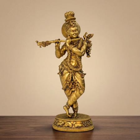 Handcrafted Brass Krishna Murti for Pooja Mandir - Antique Golden Finish Lord Krishna Statue