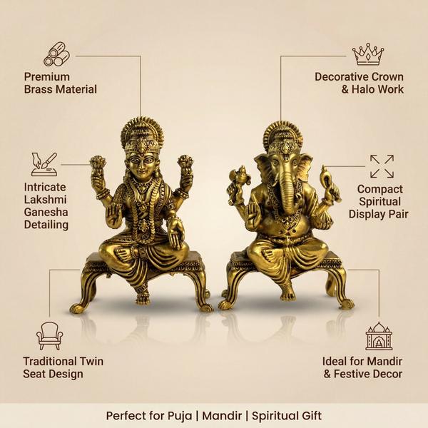 Brass Lakshmi Ganesh Murti Pair with Singhasan for Puja Room, Home Temple & Vastu Decor