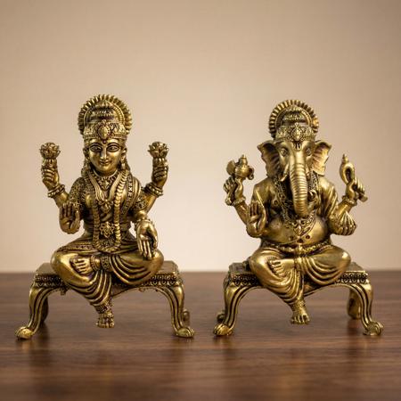 Brass Lakshmi Ganesh Murti Pair with Singhasan for Puja Room, Home Temple & Vastu Decor