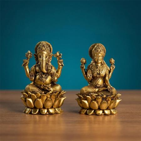 Pure Brass Lakshmi Ganesha Idol Set on Lotus Base for Home Temple, Puja Mandir, Diwali Decor & Spiritual Gift