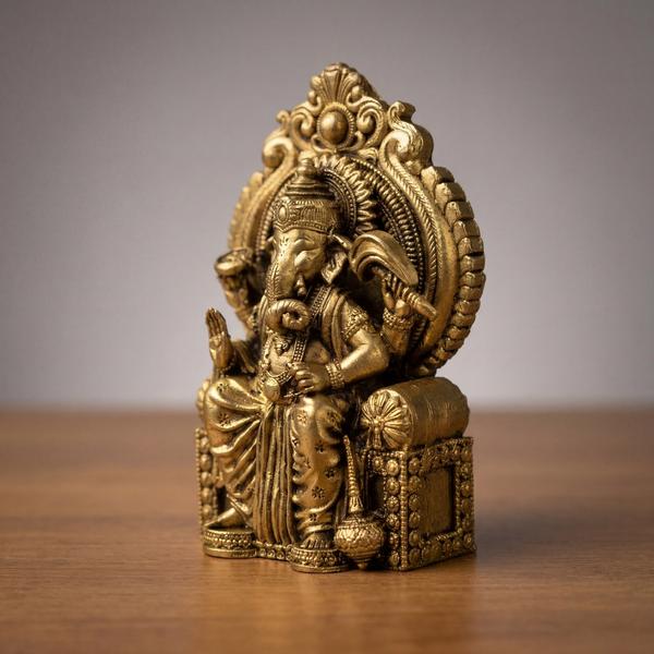 Antique Finish Brass Ganpati Idol Seated on Throne for Mandir Decor
