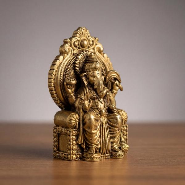 Antique Finish Brass Ganpati Idol Seated on Throne for Mandir Decor