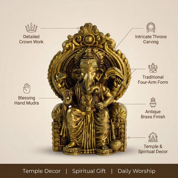 Antique Finish Brass Ganpati Idol Seated on Throne for Mandir Decor