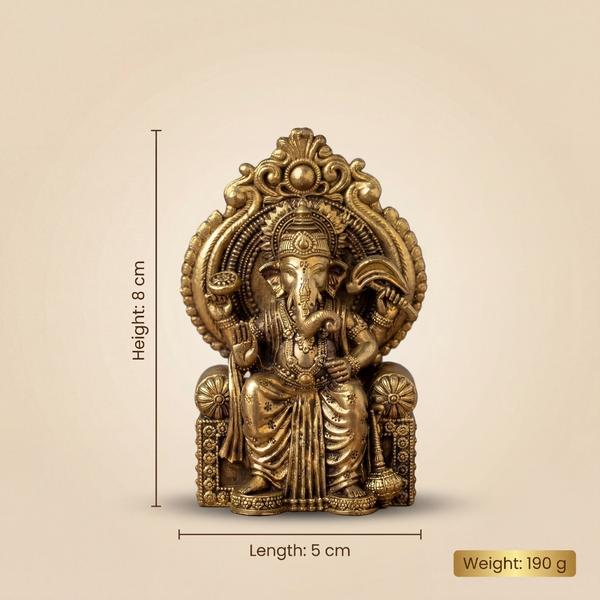 Antique Finish Brass Ganpati Idol Seated on Throne for Mandir Decor