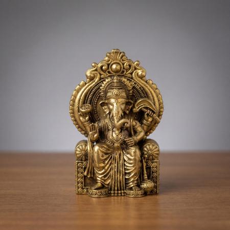 Antique Finish Brass Ganpati Idol Seated on Throne for Mandir Decor