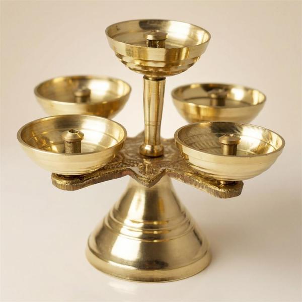 Pure Brass 5 Wick Diya Stand for Puja, Panch Aarti Deepam for Home Temple, Mandir Lighting & Festive Decor