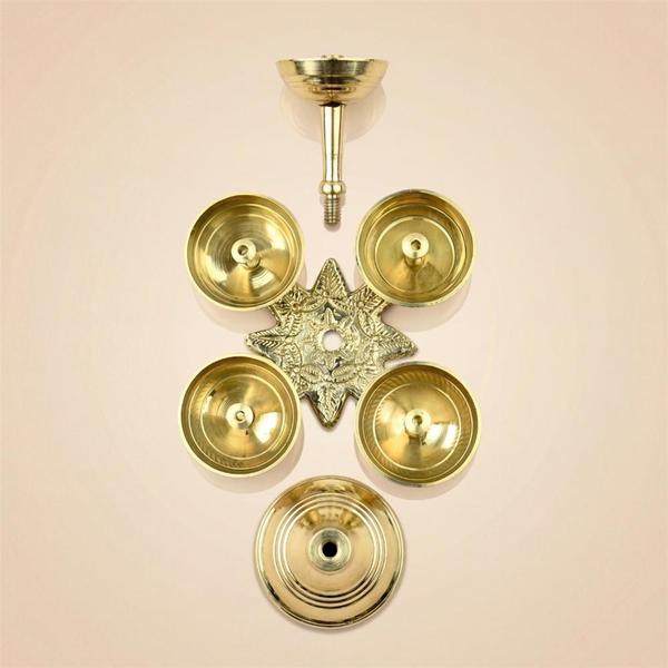 Pure Brass 5 Wick Diya Stand for Puja, Panch Aarti Deepam for Home Temple, Mandir Lighting & Festive Decor