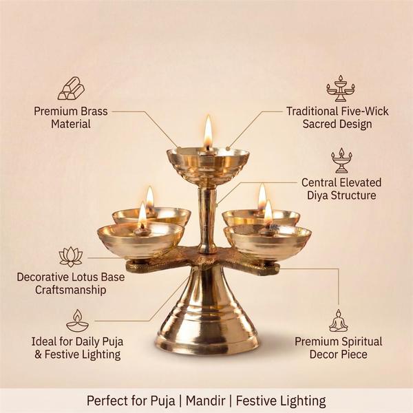 Pure Brass 5 Wick Diya Stand for Puja, Panch Aarti Deepam for Home Temple, Mandir Lighting & Festive Decor