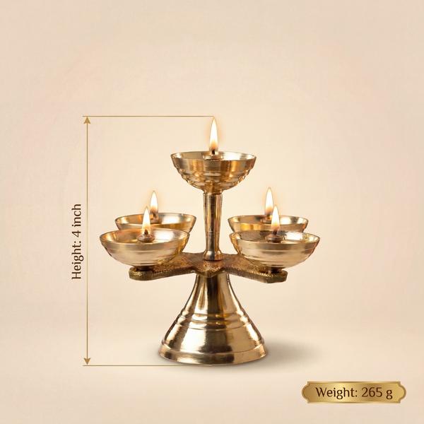 Pure Brass 5 Wick Diya Stand for Puja, Panch Aarti Deepam for Home Temple, Mandir Lighting & Festive Decor