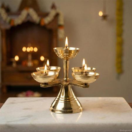 Pure Brass 5 Wick Diya Stand for Puja, Panch Aarti Deepam for Home Temple, Mandir Lighting & Festive Decor