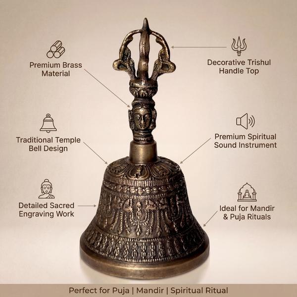 Pure Brass Tibetan Vajra Bell with Trishul Handle for Puja, Meditation, Mandir & Spiritual Rituals
