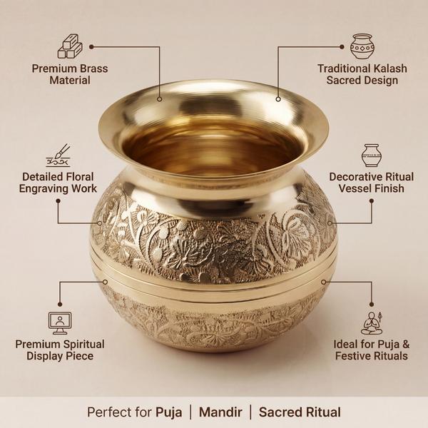 Premium Engraved Brass Kalash for Pooja, Abhishek, Mandir Rituals & Sacred Water Vessel