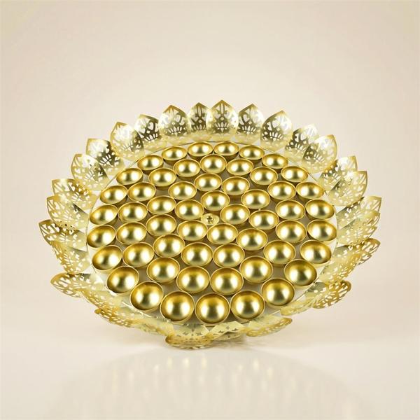 Pure Brass 56 Bhog Thali with Lotus Petal Design & Center Diya for Puja, Chappan Bhog Plate for Temple Offering