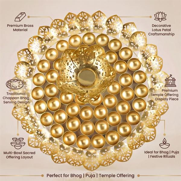 Pure Brass 56 Bhog Thali with Lotus Petal Design & Center Diya for Puja, Chappan Bhog Plate for Temple Offering