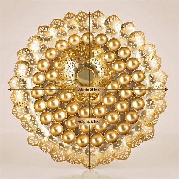 Pure Brass 56 Bhog Thali with Lotus Petal Design & Center Diya for Puja, Chappan Bhog Plate for Temple Offering