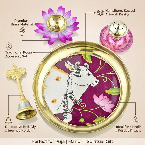 Pure Brass Kamdhenu Pooja Thali Set with Bell, Diya and Incense Holder for Puja, Mandir and Spiritual Gift