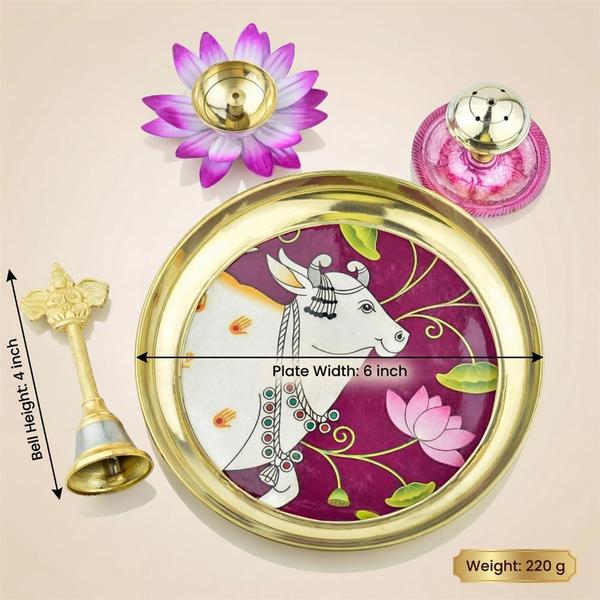 Pure Brass Kamdhenu Pooja Thali Set with Bell, Diya and Incense Holder for Puja, Mandir and Spiritual Gift