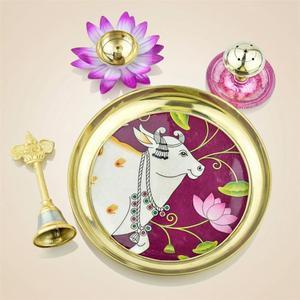 Pure Brass Kamdhenu Pooja Thali Set with Bell, Diya and Incense Holder for Puja, Mandir and Spiritual Gift
