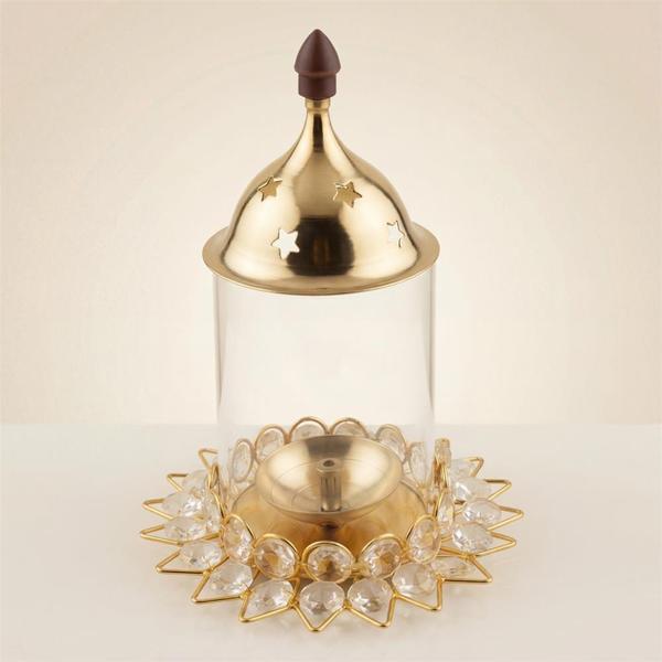 Pure Brass Glass Diya Lamp with Crystal Base for Puja, Akhand Jyot and Festive Decor