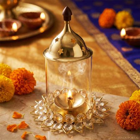 Pure Brass Glass Diya Lamp with Crystal Base for Puja, Akhand Jyot and Festive Decor