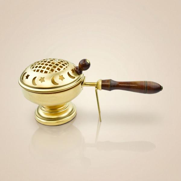 Pure Brass Dhoop Dani with Wooden Handle for Puja, Charcoal Incense Burner for Home and Temple