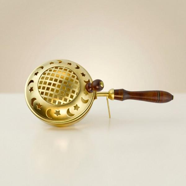 Pure Brass Dhoop Dani with Wooden Handle for Puja, Charcoal Incense Burner for Home and Temple