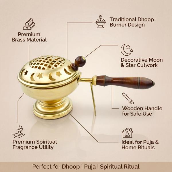 Pure Brass Dhoop Dani with Wooden Handle for Puja, Charcoal Incense Burner for Home and Temple