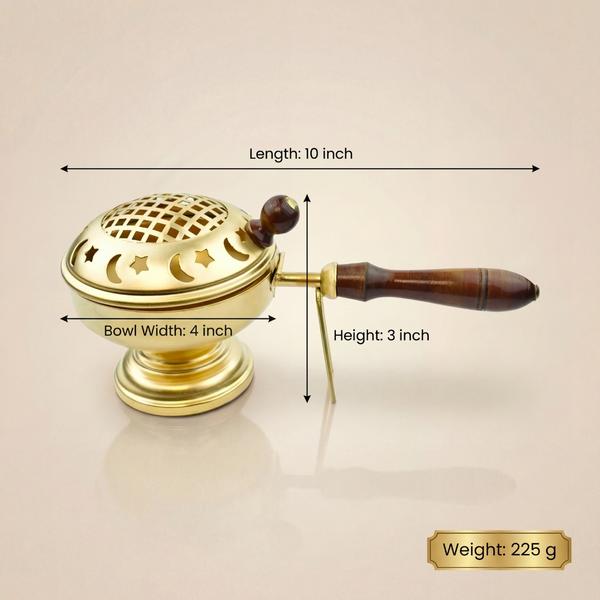 Pure Brass Dhoop Dani with Wooden Handle for Puja, Charcoal Incense Burner for Home and Temple