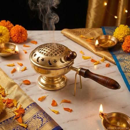 Pure Brass Dhoop Dani with Wooden Handle for Puja, Charcoal Incense Burner for Home and Temple