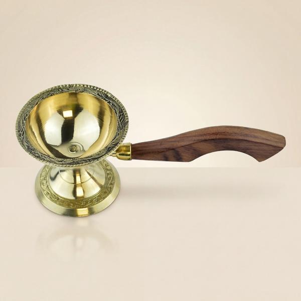 Pure Brass Aarti Diya with Wooden Handle for Puja, Temple Rituals and Camphor Lighting