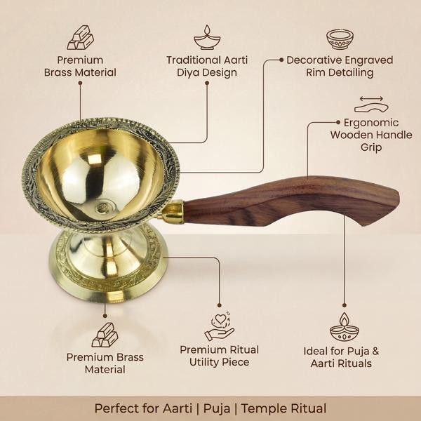 Pure Brass Aarti Diya with Wooden Handle for Puja, Temple Rituals and Camphor Lighting