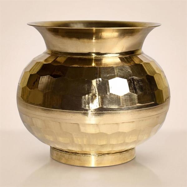 Pure Brass Diamond Cut Kalash for Puja, Pooja Water Pot, Traditional Brass Lota for Mandir Rituals & Home Temple Decor