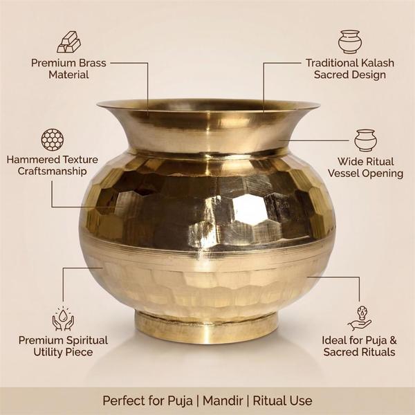 Pure Brass Diamond Cut Kalash for Puja, Pooja Water Pot, Traditional Brass Lota for Mandir Rituals & Home Temple Decor