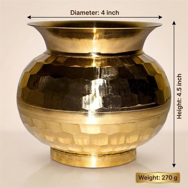 Pure Brass Diamond Cut Kalash for Puja, Pooja Water Pot, Traditional Brass Lota for Mandir Rituals & Home Temple Decor