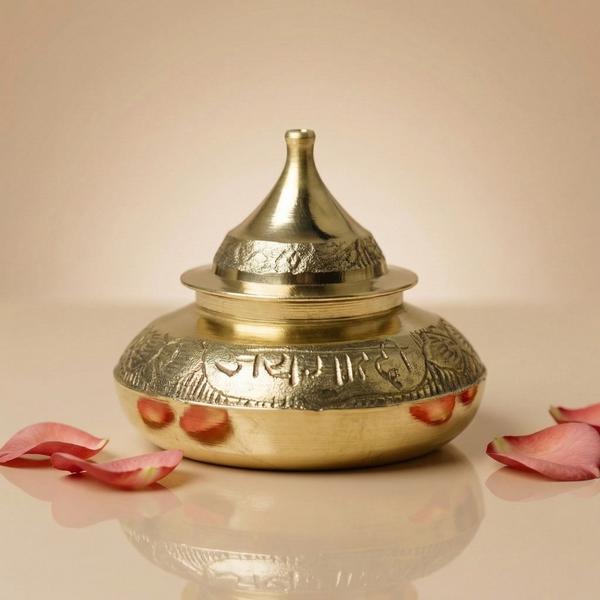 Pure Brass Engraving Sindoor Dani with Lid, Traditional Kumkum Box for Puja, Karwa Chauth, Mandir & Ritual Storage