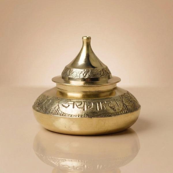 Pure Brass Engraving Sindoor Dani with Lid, Traditional Kumkum Box for Puja, Karwa Chauth, Mandir & Ritual Storage