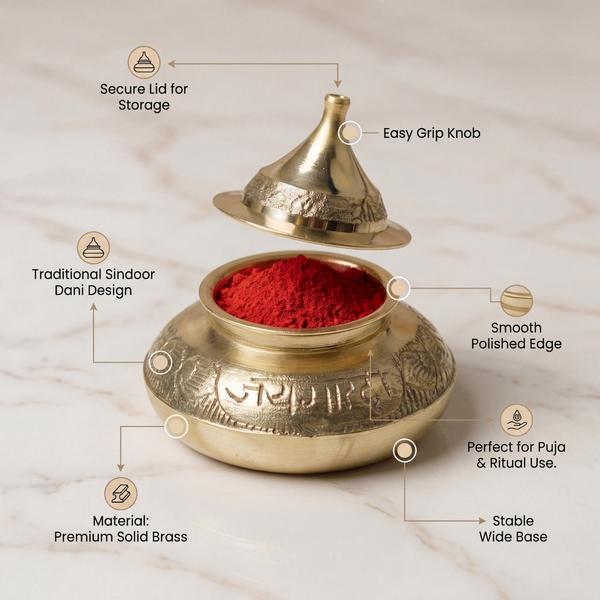Pure Brass Engraving Sindoor Dani with Lid, Traditional Kumkum Box for Puja, Karwa Chauth, Mandir & Ritual Storage
