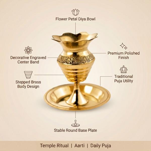 Pure Brass Flower Petal Diya Stand for Puja | Traditional Aarti Deepam with Base Plate for Home Temple & Daily Rituals
