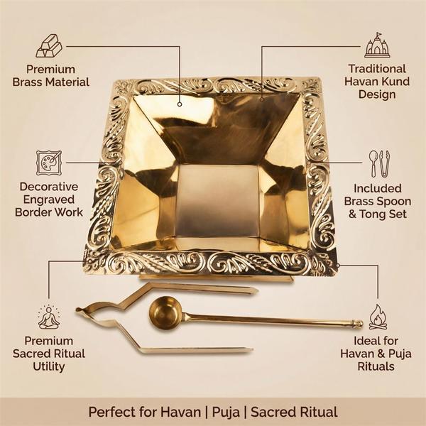 Pure Brass Havan Kund Set with Spoon and Tong for Puja, Agnihotra Homam Kund, Decorative Engraved Fire Ritual Bowl