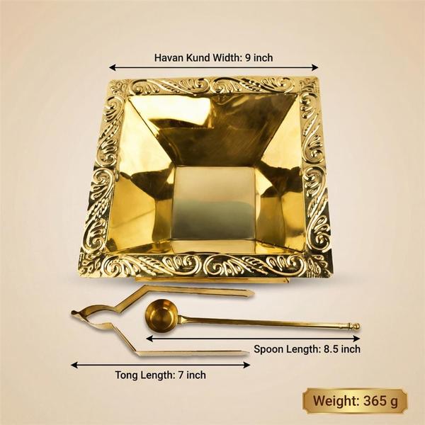 Pure Brass Havan Kund Set with Spoon and Tong for Puja, Agnihotra Homam Kund, Decorative Engraved Fire Ritual Bowl