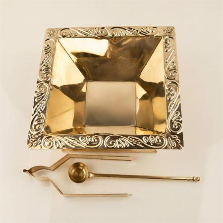 Pure Brass Havan Kund Set with Spoon and Tong for Puja, Agnihotra Homam Kund, Decorative Engraved Fire Ritual Bowl