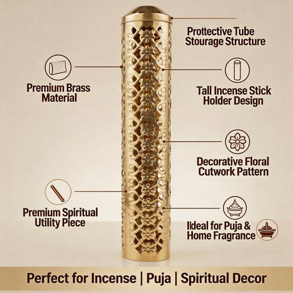 Pure Brass Incense Stick Holder for Puja | Decorative Agarbatti Stand with Floral Cutwork Cover for Home Temple, Mandir and Spiritual Decor