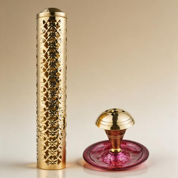 Pure Brass Incense Holder Set with Agarbatti Stand and Floral Cutwork for Puja, Home Temple and Spiritual Decor