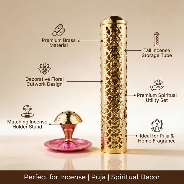 Pure Brass Incense Holder Set with Agarbatti Stand and Floral Cutwork for Puja, Home Temple and Spiritual Decor