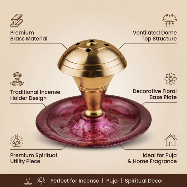 Pure Brass Incense Stick Holder with Ash Catcher Plate for Puja | Traditional Agarbatti Stand for Home Temple Decor