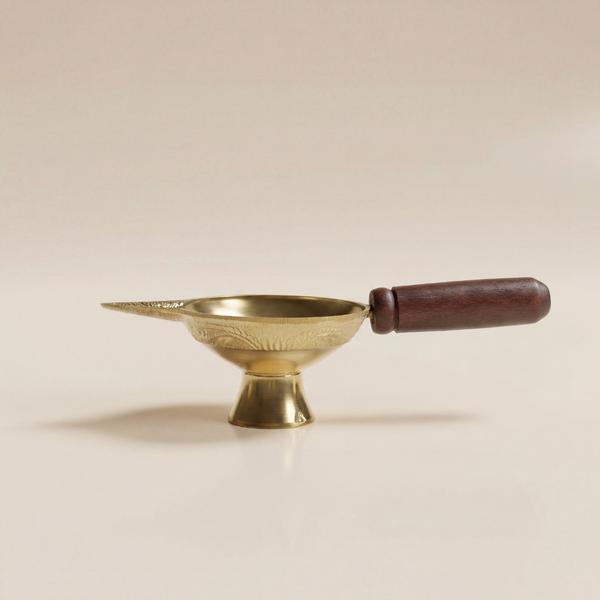Pure Brass Aarti Diya with Wooden Handle for Puja | Traditional Oil Lamp for Daily Worship and Mandir Use