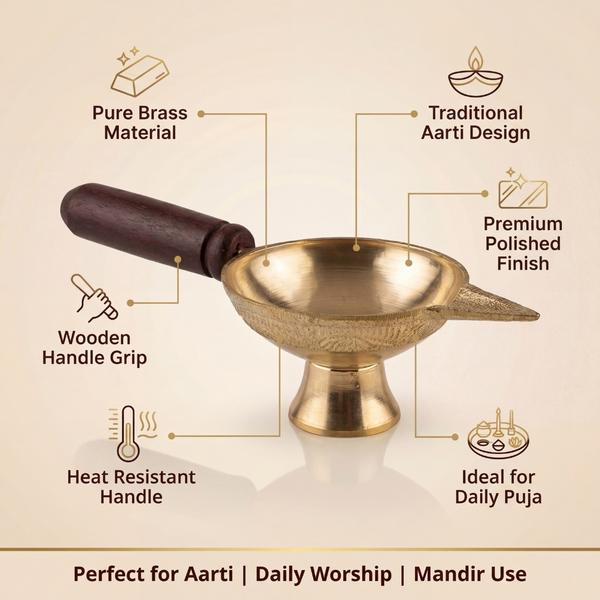 Pure Brass Aarti Diya with Wooden Handle for Puja | Traditional Oil Lamp for Daily Worship and Mandir Use