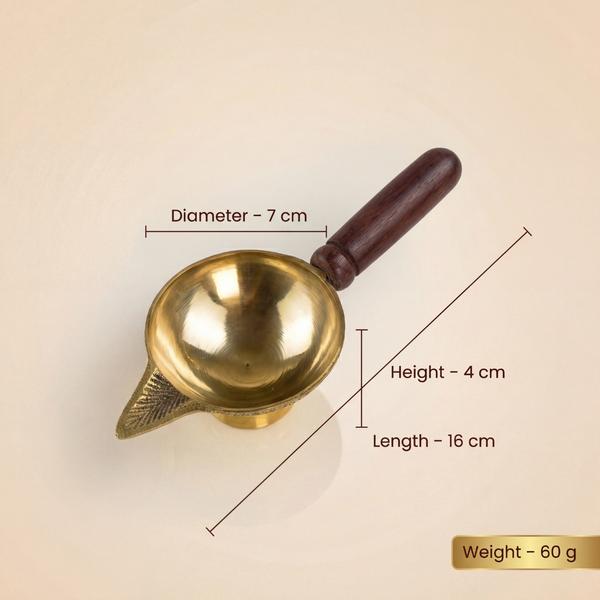 Pure Brass Aarti Diya with Wooden Handle for Puja | Traditional Oil Lamp for Daily Worship and Mandir Use
